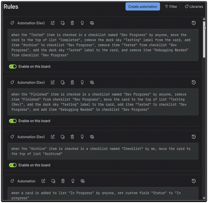 Trello automation rules used on the Neon Steel production board